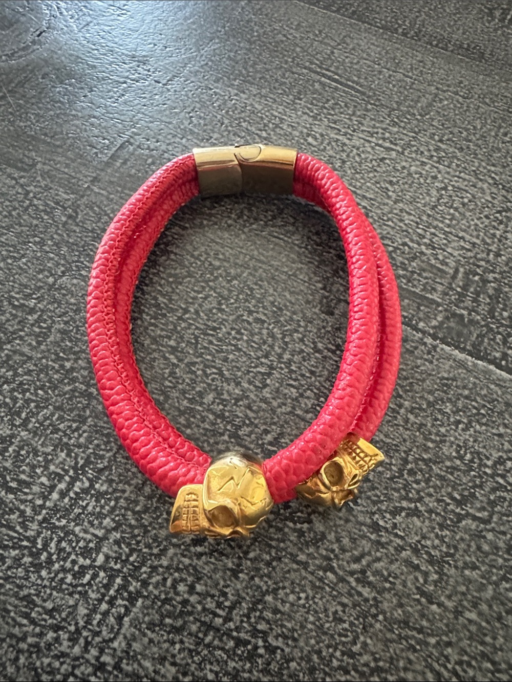 Alexander McQueen Red Rope Bracelet with Gold Skull Charms